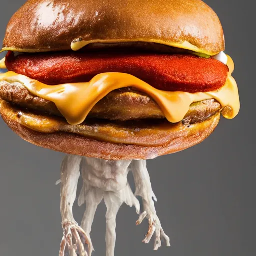 Image similar to a humanoid bipedal upright zombie that strongly resembles a hamburger, professional food photography