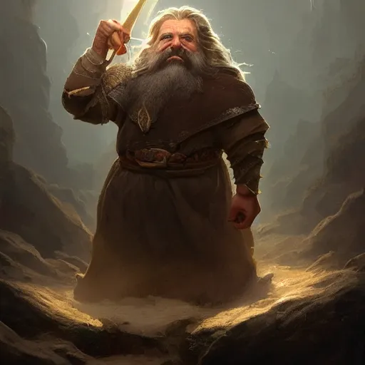 Image similar to portrait of a dwarf holding in two hands the beautiful humongous raw, unrefined gold nugget with organically sculpted lines, realistic, beautiful, fantasy art, dnd, lord of the rings, mid - shot, moody lighting, by greg rutkowski, wlop, artgerm, concept art, sharp focus, ray tracing
