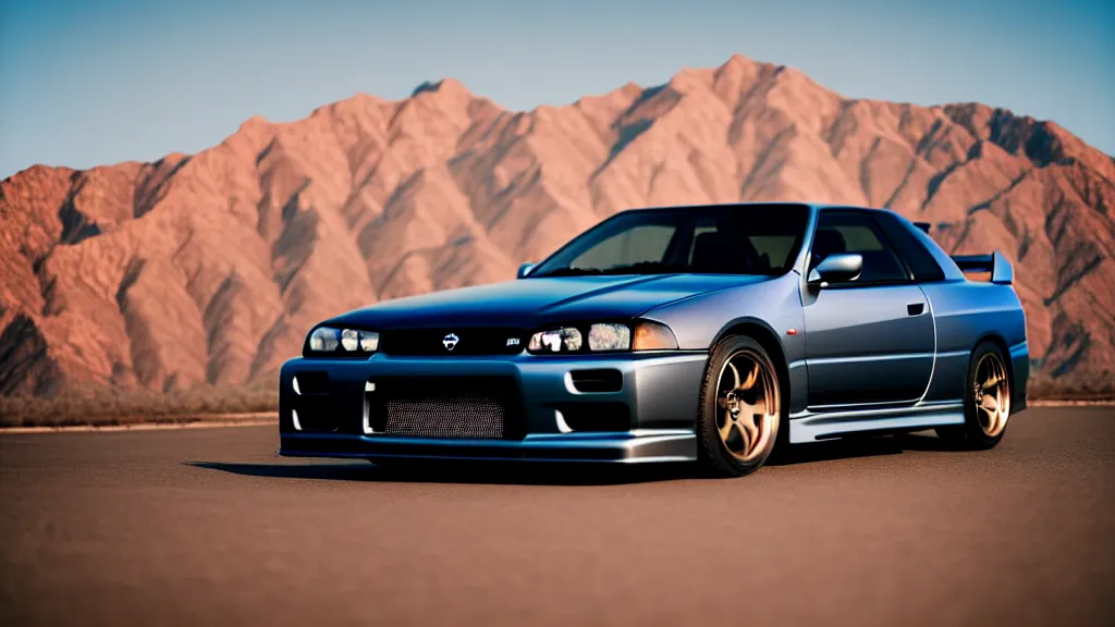 Prompt: three quarter front photo of a stock dark grey nissan r 3 2 skyline gtr on a road in a desert with a mountain in the background in the early morning, car photography, depth of field, depth blur, zoom lens, blue hour, photorealistic