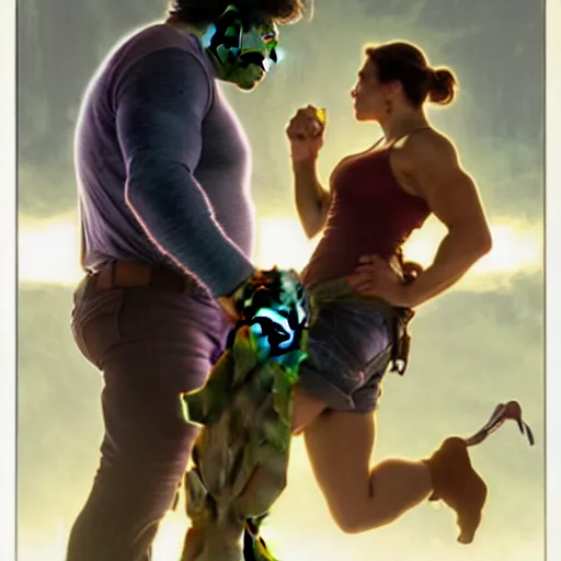 Image similar to mark ruffalo the hulk kissing a cute cowboy, cinematic volumetric lighting f 8 aperture cinematic eastman 5 3 8 4 film photorealistic by greg rutkowski by stanley artgerm by alphonse mucha