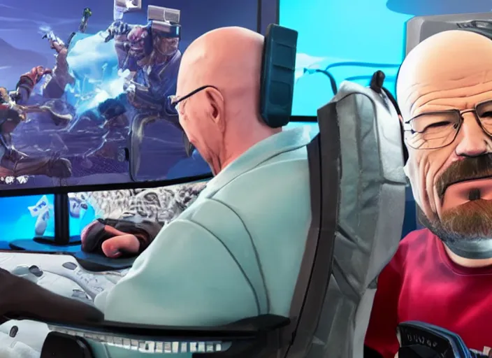 Image similar to realistic gamer walter white in real life on a gaming chair playing fortnite on his gamer pc
