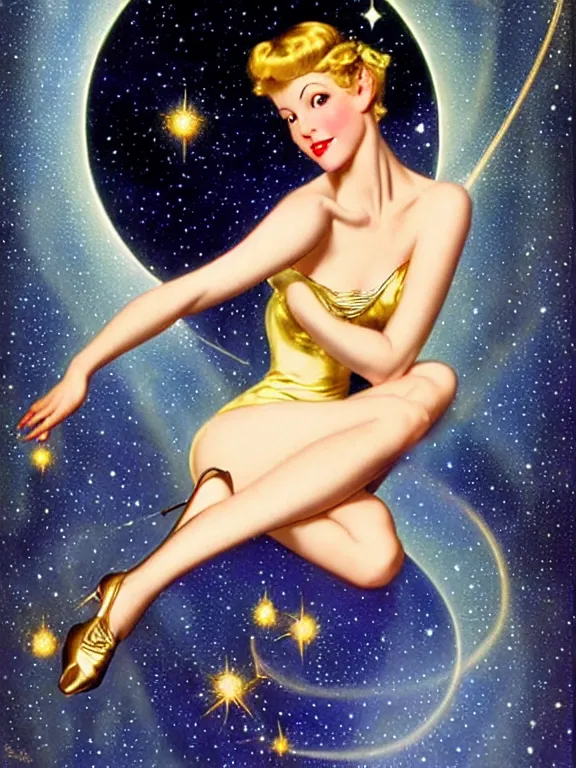 Image similar to Diana argon as tinkerbell glowing, a beautiful art nouveau portrait by Gil elvgren and Hajime Sorayama, moonlit starry sky environment, centered composition, defined features, golden ratio, gold jewlery, sheer silk