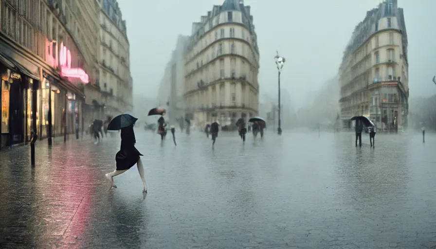 Image similar to street of paris photography, night, rain, mist, only one prima ballerina dancing, a pink umbrella, cinestill 8 0 0 t, in the style of william eggleston