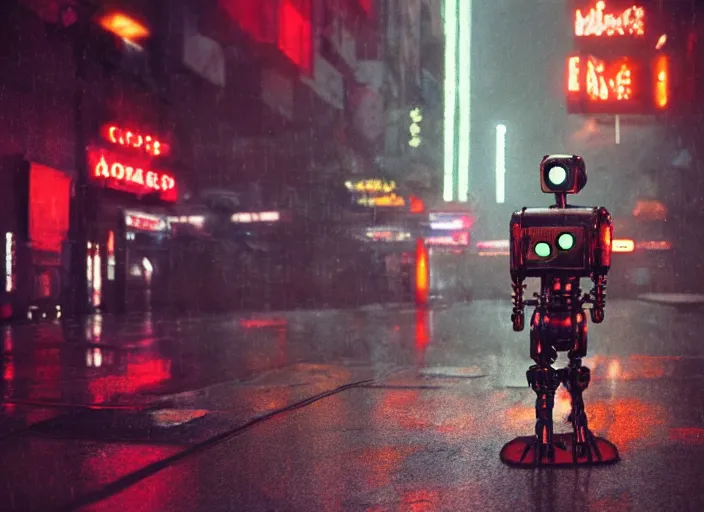 Image similar to a 2 8 mm macro kodachrome photo of a tall huge metallic cyborg droid with glowing lights, running on a rainy night in the city in the 1 9 5 0's, seen from a distance, canon 5 0 mm, cinematic lighting, film, photography, award - winning, neon, cyberpunk, blade runner