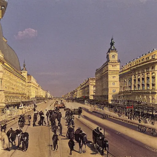 Prompt: Vienna Ringstrasse in the year 1900, realistic photo, in colour, street photography