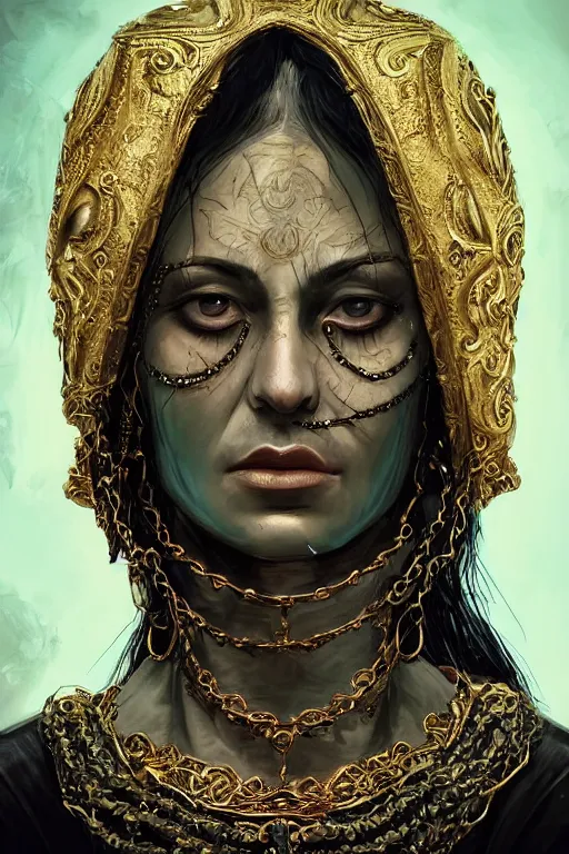 Prompt: portrait, headshot, digital painting, of a 17th century, beautiful, middle aged, middle eastern, wrinkles, decadent, cyborg noble woman, dark hair, piercings, chains, tribal scars, amber jewels, baroque, ornate dark green opulent clothing, scifi, futuristic, realistic, hyperdetailed, concept art, dramatic backlighting, golden hour, cinestill, art by syd mead
