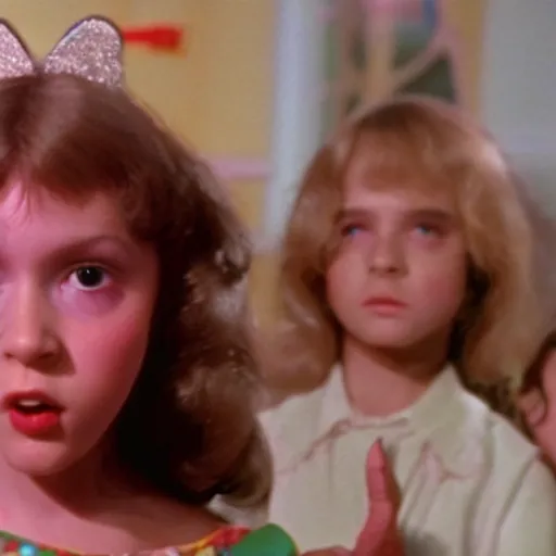 Prompt: still from 1977 live-action children's tv show about a disney princess who enters an eyeball cult color