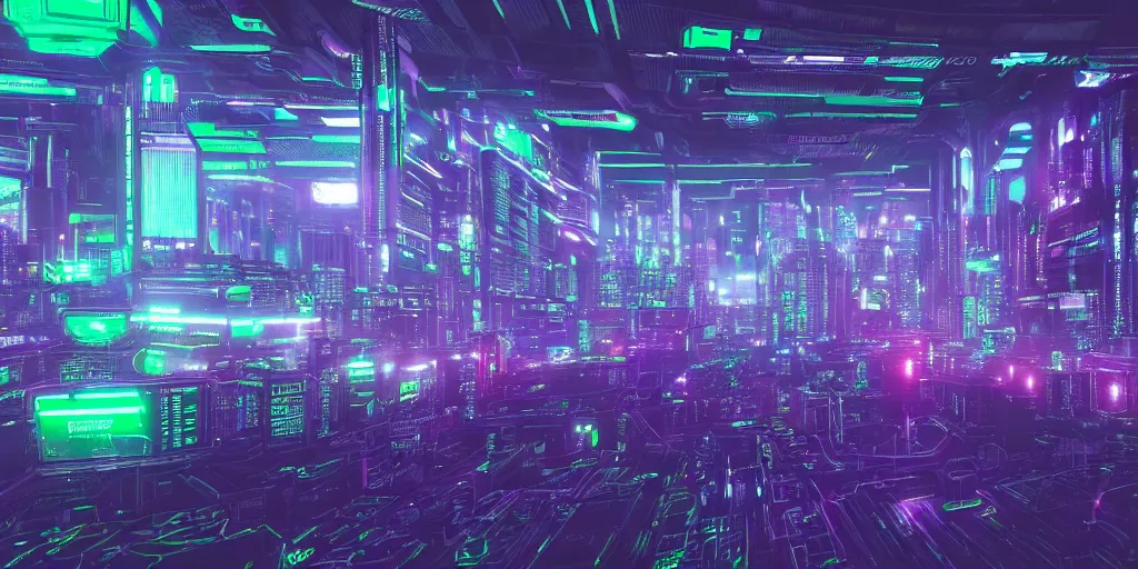 Image similar to a landscape view of a cybernetic cathedral overlooking an higway made of rows of glowing green codes and symbols, cyberpunk, beautiful detailed, cinematic, strong lighting, hi - fructose art magazine, photorealistic, 8 k, gradient cyan to purple