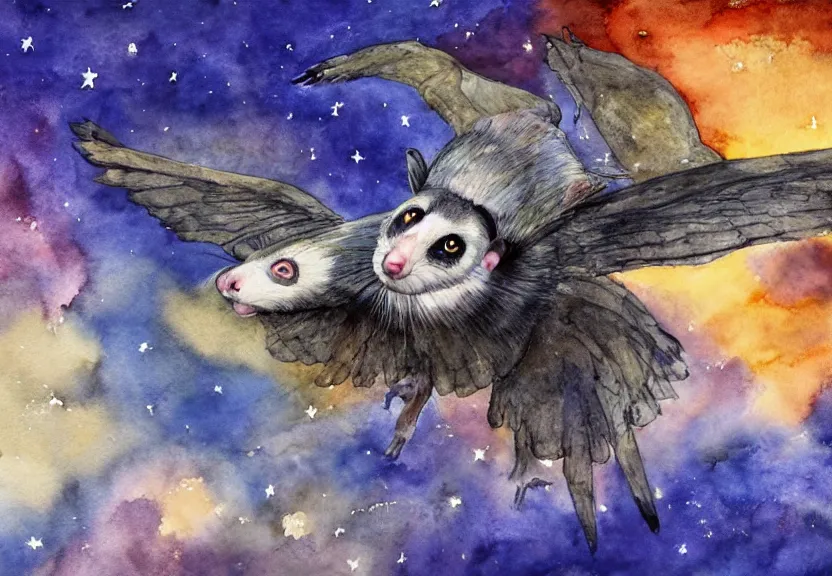 Image similar to legendary colorful winged possum flying over a medieval castle at night under the dark starred sky, dark fantasy, watercolor, dreaming illusion, highly detailed, 4k, trending on Artstation