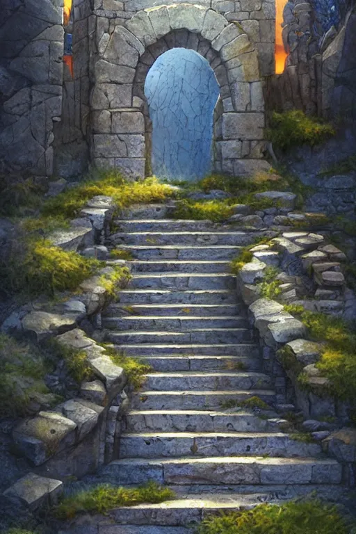 Prompt: stone steps fantasy leading do a dark portal, artstation by emilia dziubak, will terry, greg olsen, chris mars, ann long, and mark brooks, gret ritkowski dramatic, architecture, colorful clear sharp focus