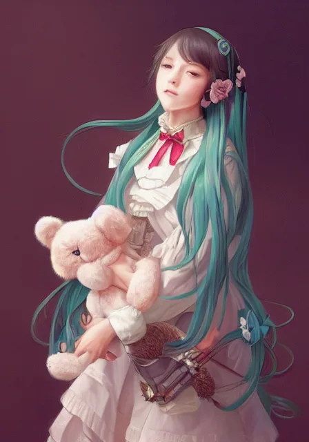 Prompt: hatsune miku holding a teddy bear, intricate, elegant, highly detailed, digital painting, artstation, concept art, smooth, sharp focus, illustration, art by artgerm and greg rutkowski and alphonse mucha and william - adolphe bouguereau