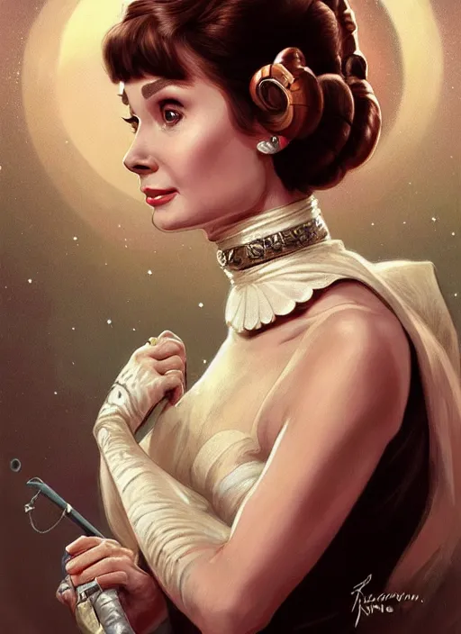 Prompt: Audrey Hepburn as Princess Leia, fantasy, intricate, elegant, highly detailed, digital painting, artstation, concept art, smooth, sharp focus, illustration, art by artgerm and greg rutkowski and alphonse mucha