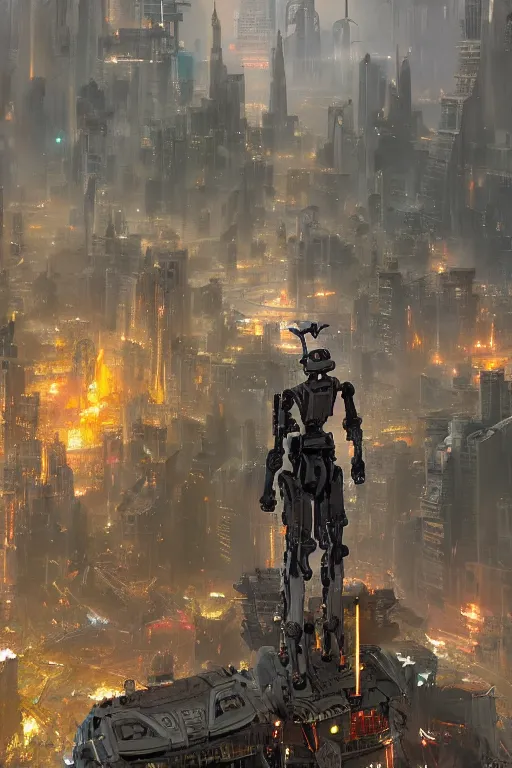 Prompt: A robot standing in the foreground of a massive fantasy city by Greg Rutkowski, Sung Choi, Mitchell Mohrhauser, Maciej Kuciara, Johnson Ting, Maxim Verehin, Peter Konig, final fantasy , 8k photorealistic, cinematic lighting, HD, high details, dramatic, atmospheric,