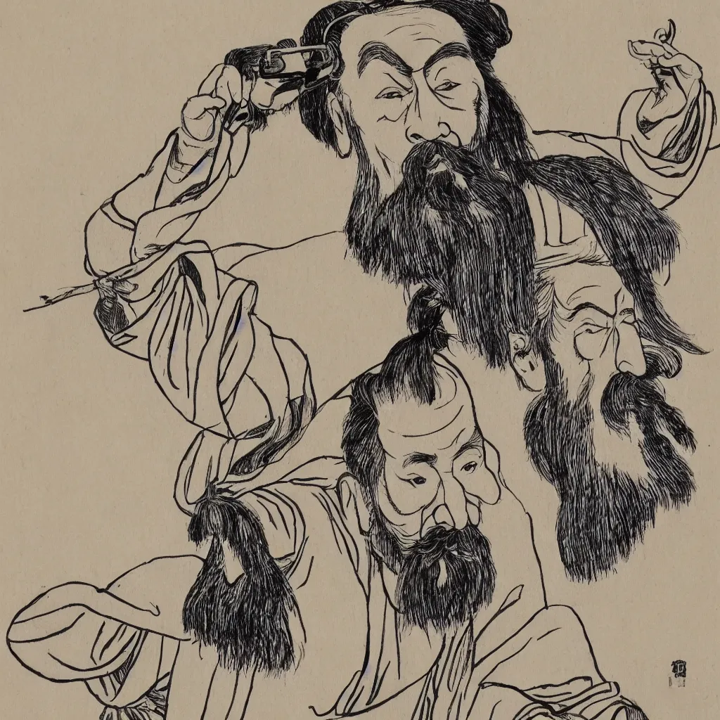 Image similar to confucius wearing vr headset, chinese ink painting