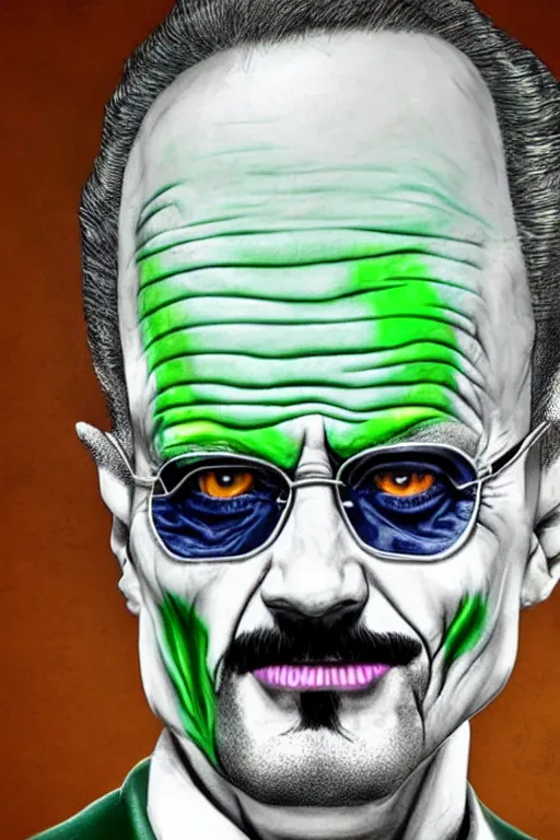 Prompt: walter white as the joker, green hair, photorealistic, highly detailed,