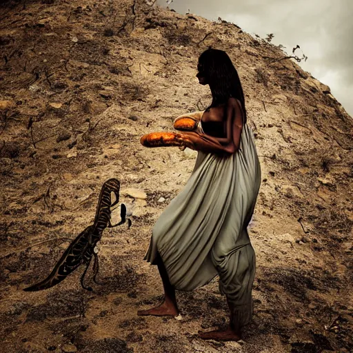 Prompt: man plays darbuka, beautiful bellidancer girl walks around Socotra among endemic plants, flowers and snags in a long transparent flowing dress and meets mystical animals, mystical insects, mystical birds, lizards, snakes, gorgeous, hypnotic dimensions, ruan jia, steve mccurry, Zdzislaw Beksinski style, sharp focus, intricate concept art, digital painting, ambient lighting, 4k, hdt, artstation trending on Gsociety, trending on ArtstationHQ, hyper quality, 16K
