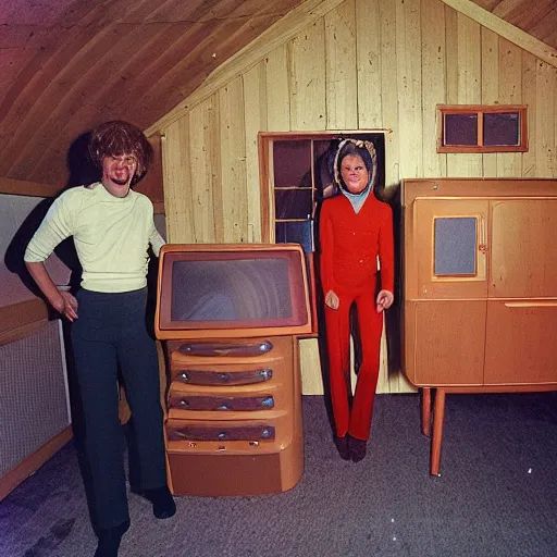 Prompt: first-person perspective view of three people wearing discowear having a party inside of a 1970s luxury a-frame cabin with a soviet computer console on the wall, exterior is a winter evening forest, ektachrome photograph, f8 aperture