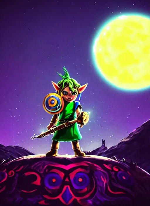 Image similar to majora\'s mask evil moon looking at link maniacally, night sky, starry night, legend of zelda, dramatic lighting, cinematic, film, dynamic pose,  movie scene, colorful, dark, concept, 8K, actor as role, octane render, visionary, artstation,neon lighting, intense shadows, legend of zelda link staring at the moon, insanely detailed octane render, 8k film photography, photorealistic,
