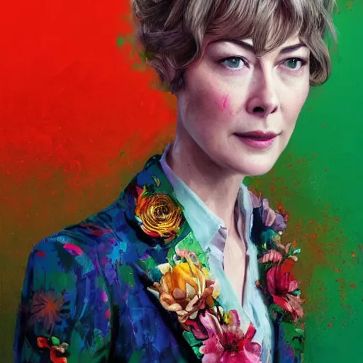 Prompt: rosamund pike as the doctor, dark - hair, wearing a colourful floral pattern suit, colourful, sharp focus, detailed face, artstation, art by jakub rozalski,