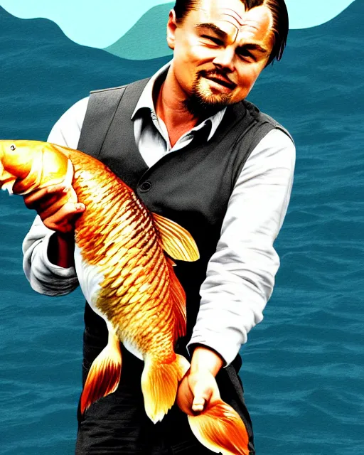 Image similar to photograph of leonardo dicaprio holding a carp in his both hands. movie poster, illustration by bartek fedyczak, erak note, tooth wu, neil richards, kan liu, siwoo kim, jisu choe, trending on art station