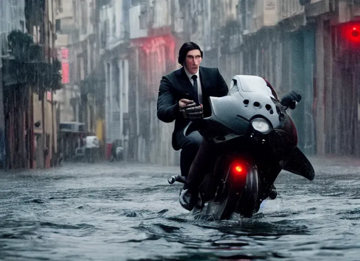 Prompt: first official image from bond 2 6, starring adam driver as agent 0 0 7, riding a shark through the streets of valparaiso, chile in heavy rain. directed by alejandro inarritu. stunning cinematography, kodak vision 2 0 0 t, high contrast, anamorphic lens, chromatic aberration.