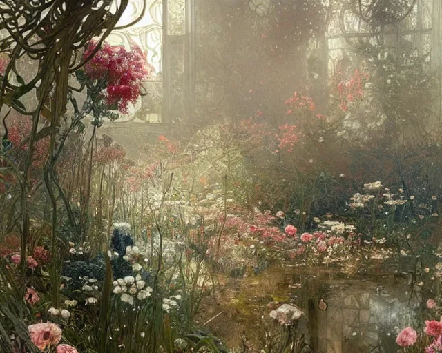 Image similar to a beautifull intricate winter garden with many flowers, reflexions, verry high details by william turner art, greg rutkowski and alphonse mucha, trending on artstation, very very detailed, masterpiece, - h 7 0 4