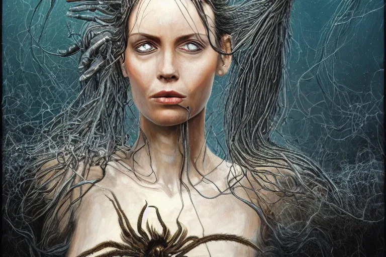 Prompt: A photorealistic portrait painting of a hideous woman with giant spider legs and hair needles crawling out of a volcano, illustration, detailed, award-winning, trending on artstation, 4k by H.R. Giger -1024