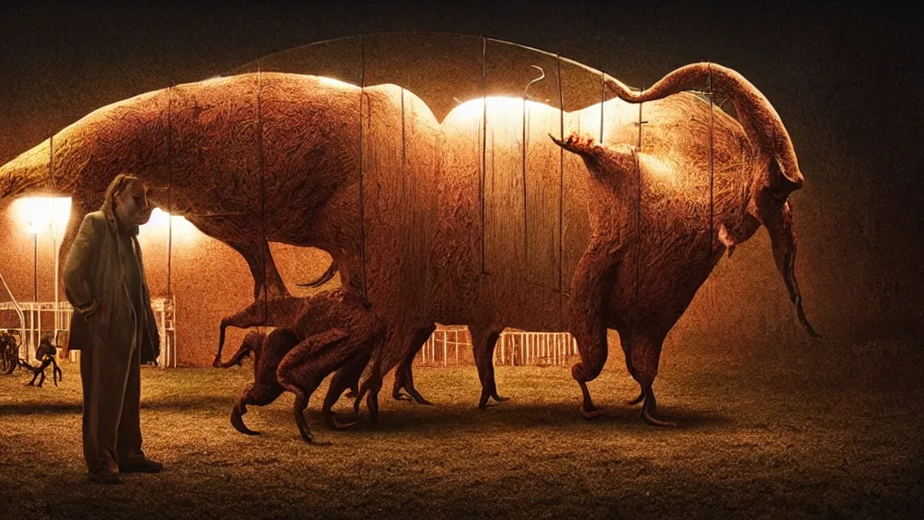 Image similar to the strange creature at the county fair that hid at night, made of metal, film still from the movie directed by Denis Villeneuve with art direction by Salvador Dalí, long lens