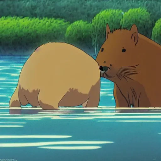 Prompt: capybara scene from the movie spirited away by hayao miyazaki, studio ghibli, animated movie, anime, beautiful animation, illustration