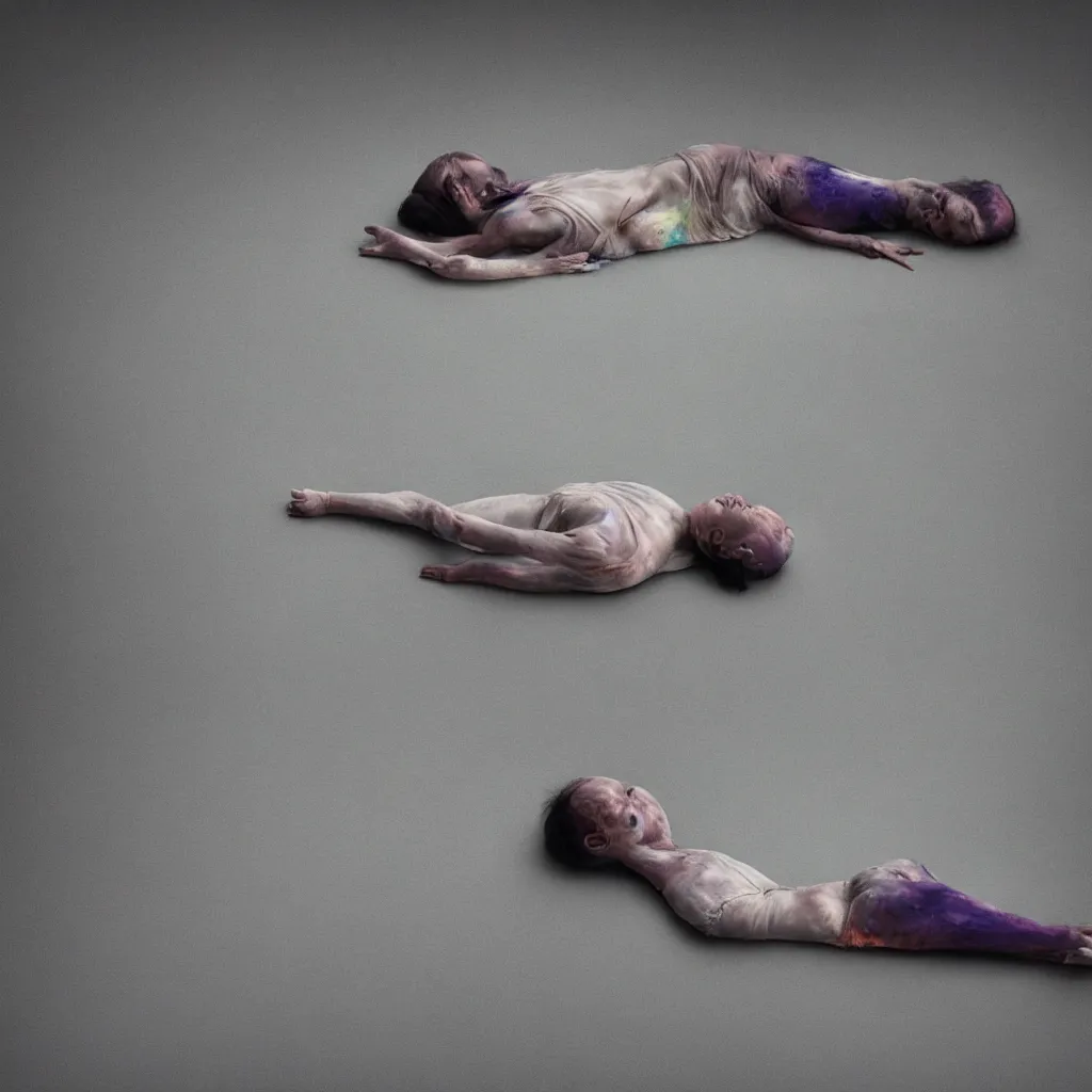 Prompt: cinestill of iridiscent oil with corpses connected by ethernet cables to wax technical forms to a buried baby relaxing on yoga mat, faded, iridiscent gradient, fog, depth of field, blur, very detailed, by nadav kander and hans bellmer, 8 k, ultrarealistic, sad atmosphere, cinematic, 8 5 mm lens