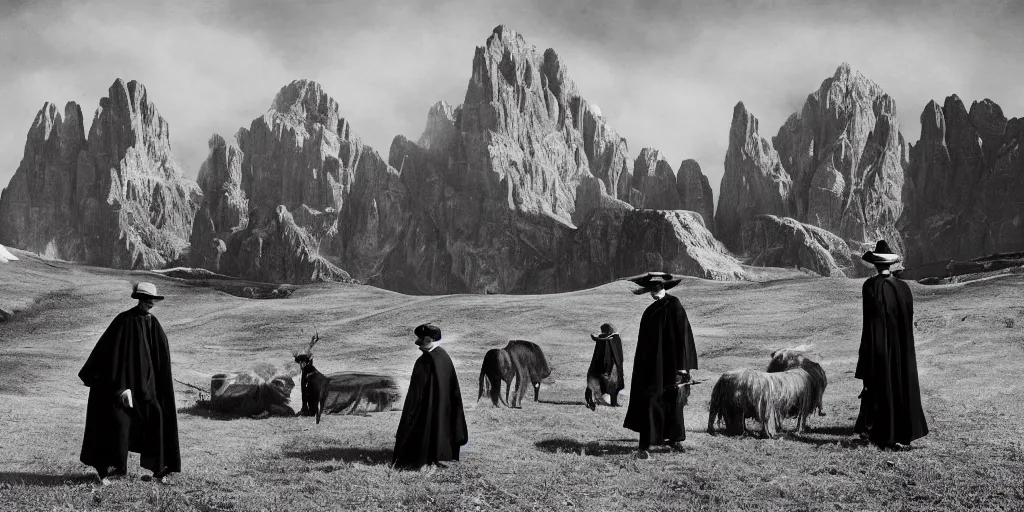 Prompt: 1920s photography of occult priests with hay coats and horn with dolomites in the background, occult signs, witch burning, solstice fire, alp, dolomites, alpine, detailed intricate insanely detailed octane render, 8k artistic 1920s photography, photorealistic, black and white, chiaroscuro, hd, by David Cronenberg, Raphael, Caravaggio