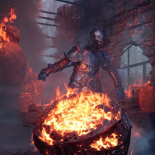 Image similar to hyperrealistic dslr film still of armor disguised as burning embers, in skyrim, stunning 8 k octane comprehensive 3 d render, inspired by istvan sandorfi & greg rutkowski & unreal engine, perfect symmetry, dim volumetric cinematic lighting, extremely hyper - detailed, extremely lifelike attributes & lifelike texture, intricate, masterpiece, artstation, stunning