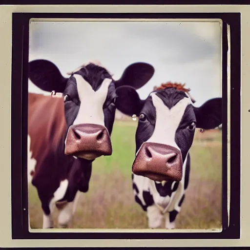 Prompt: a cow with 2 heads, unsettling, found footage style, polaroid, kodak film