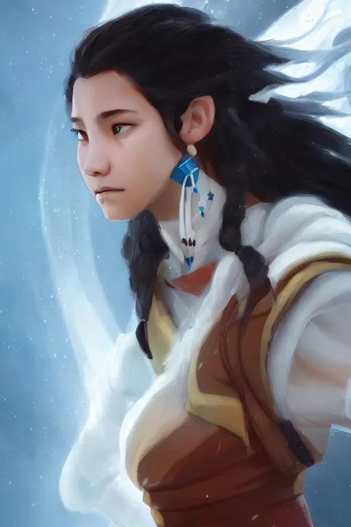 Image similar to katara from avatar, close - up portrait, intricate, elegant, volumetric lighting, scenery, digital painting, highly detailed, artstation, sharp focus, illustration, concept art, ruan jia, steve mccurry