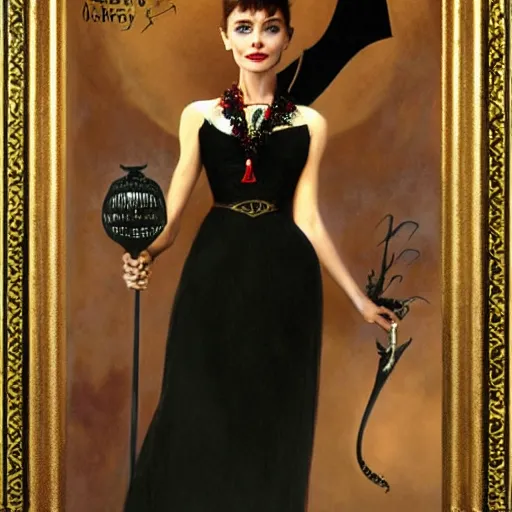 Image similar to an extremely detailed matte painting audrey hepburn as a vampire queen in a resplendent black dress with gold and crimson trim and a long leg slit, in the style of magic the gathering, 8 k, sharp focus, detailed face, art by john collier and albert aublet and krenz cushart and artem demura and alphonse mucha