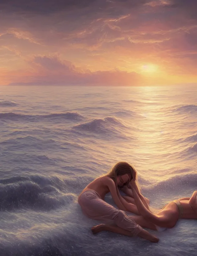 Prompt: A woman sleeping and the ocean is her cover, masterpiece digital painting by Alex Grey, Greg Rutkowski, artstation, 4k wallpaper