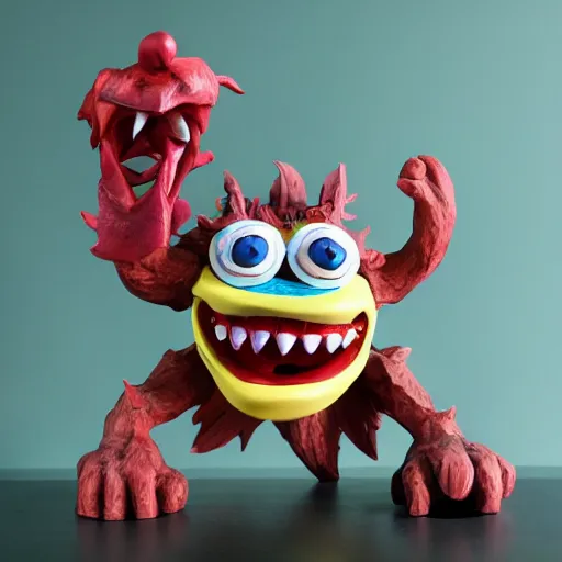 Prompt: cartoon monster sculpture toy on display