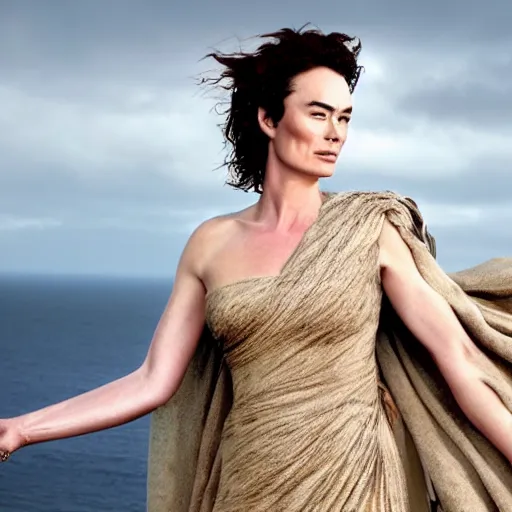 Image similar to full body photograph of Lena Headey as Helen of Troy, very beautiful, alluring expression, windy, coast in the background, dark sky, dramatic lighting