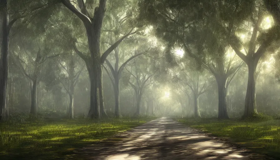 Prompt: a long tree-lined driveway leading up to a plantation, romanticism, hyperdetailed, artstation, cgsociety, 8k