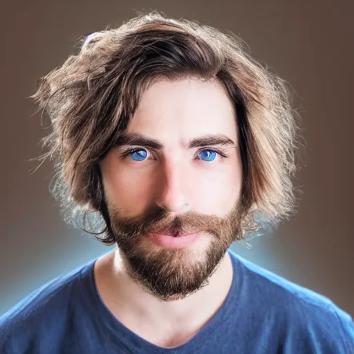 Image similar to A realistic portrait of a 30 year old male with blue eyes, brown medium length hair, bushy eyebrows and a short beard