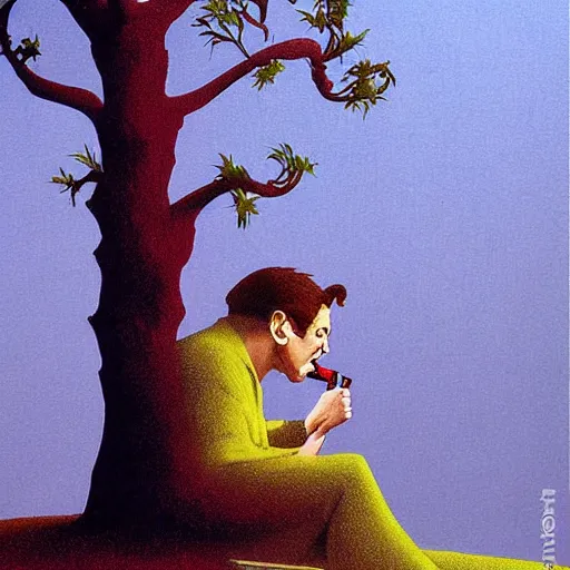 Image similar to tree with human face smoking a cigarette, high detail, fantasy illustration by angus mcbride