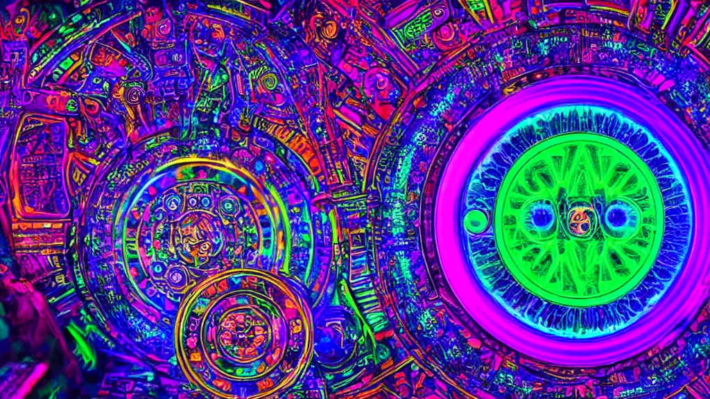 Prompt: a machine with dmt visions in a high spiritual world, colorful, rainbow, glow - in - the - dark, fractoluminescence, refractive, plasma, electric