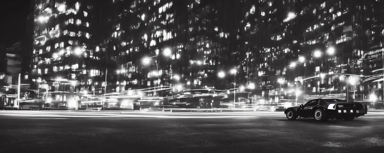 Prompt: 80s black sports knightrider KITT car parked on deserted city street at night time purple lighted street retro-wave vibes grainy soft motion blur