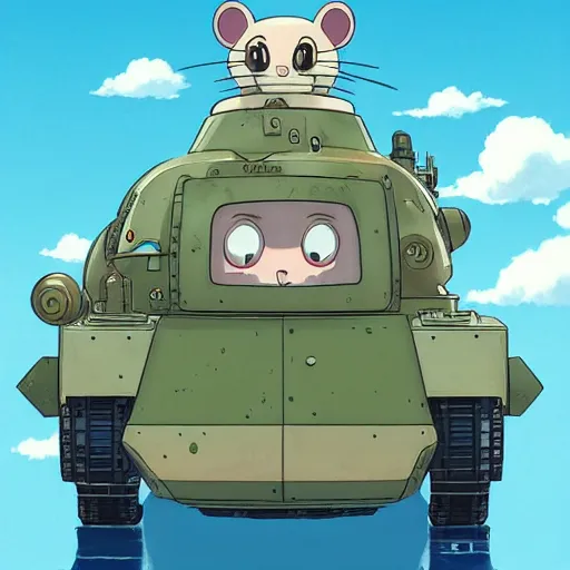 Prompt: a beautiful movie still in the style of Studio Ghibli anime showing a 3/4 view of an adorable mouse tank mecha. Studio Ghibli, aerial photography, wide angle lens, trending on artstation, trending on behance