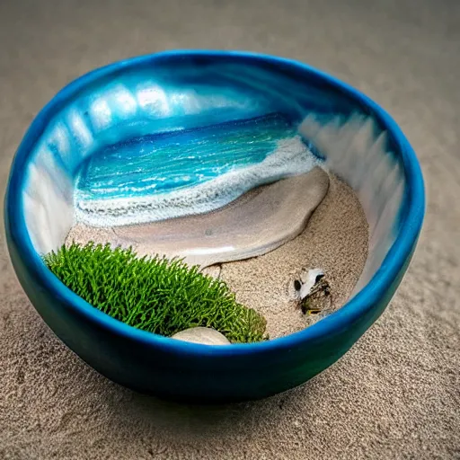 Prompt: a beach and ocean and sky in a ceramic bowl, hyper realistic, highly detailed, photorealism, microcosm, diorama