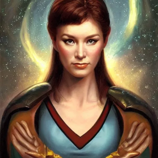 Image similar to portrait of an vulcan woman ( 3 5 ) from vulcan, 4 0 eridani a, alpha quadrant, an oil painting by ross tran and thomas kincade