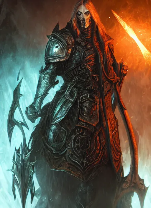 Image similar to death knight, ultra detailed fantasy, elden ring, realistic, dnd character portrait, full body, dnd, rpg, lotr game design fanart by concept art, behance hd, artstation, deviantart, global illumination radiating a glowing aura global illumination ray tracing hdr render in unreal engine 5