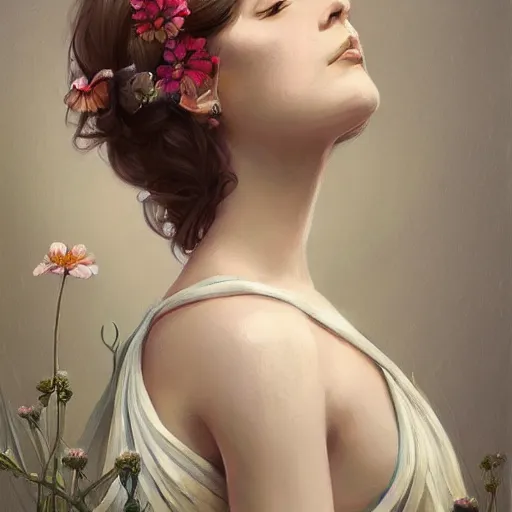 Prompt: a drawing of a woman with flowers in her hair, an ultrafine detailed painting by mandy jurgens, featured on cgsociety, art nouveau, ilya kuvshinov, detailed painting, digital illustration
