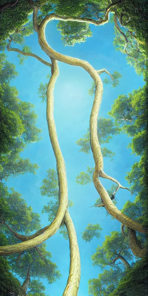 Prompt: a thin tree with an extremely long trunk and spherical canopy, viewed from below, perspective, fantasy digital painting by artgerm and leyendecker, surreal, photorealistic