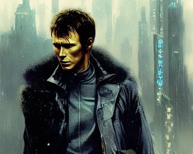 Image similar to 2 0 1 8 blade runner movie young man very young clint eastwood in his youth look at the cityscape from roof perfect face fine realistic face pretty face reflective polymer suit tight neon puffy jacket blue futuristic sci - fi elegant by denis villeneuve tom anders zorn hans dragan bibin thoma greg rutkowski ismail inceoglu illustrated sand storm alphonse mucha